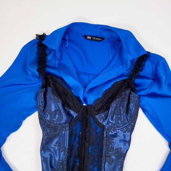 Vintage lace up corset black trim navy ruffle satin bustier top appliqué straps - Picture 2 of 9